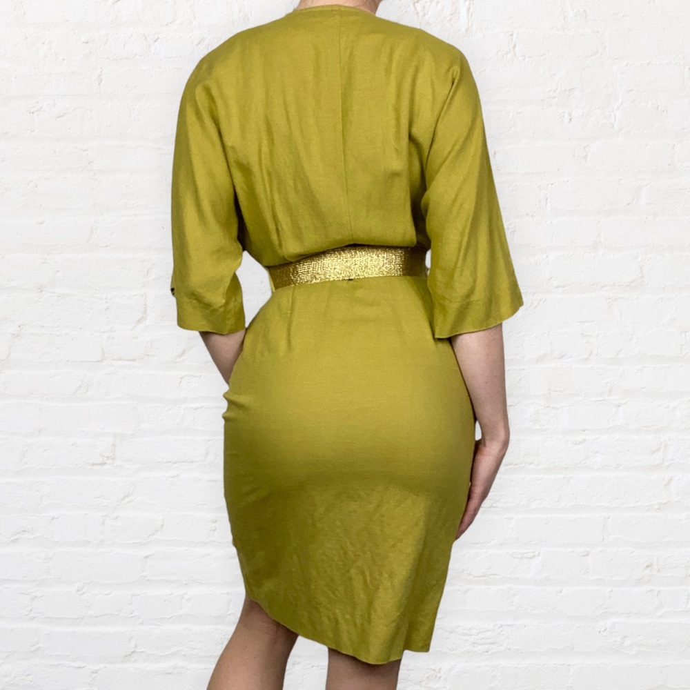 VINTAGE | 1980’s Barbara Barbara Sheen Green Linen Blend Parisian Wrap Dress - Picture 2 of 12